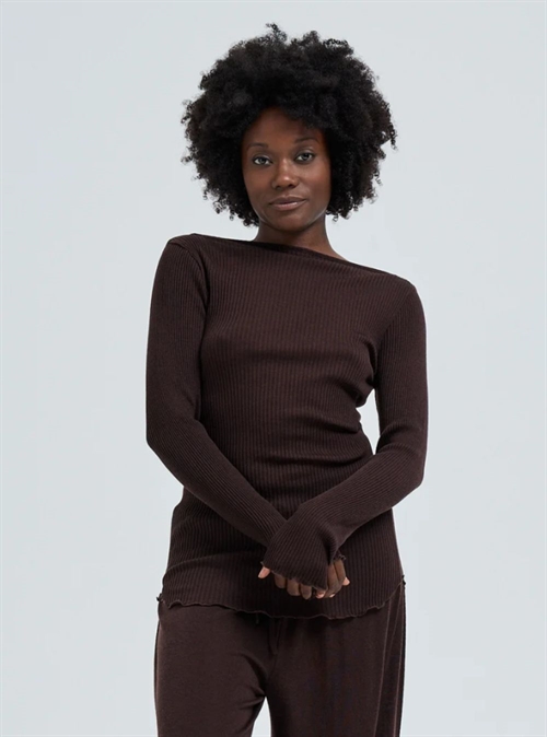 SEAMLESS BASIC ELEGANTE MERINO WOOL BLOUSE DARK BROWN